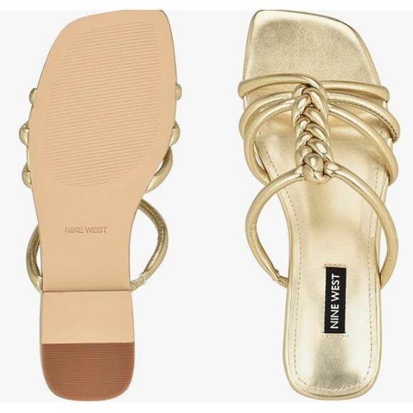 NINE WEST WOMENS MAKEE SQUARE GOLD FLAT DRESS SLIDE SANDAL 9M - Picture 2 of 9